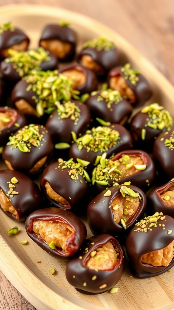 A colorful arrangement of chocolate dipped dates stuffed with tahini and kataifi, garnished with pistachios on a wooden table.
